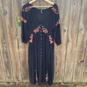 Free People Black Midi Dress with Pink Floral Embroidery day glow dress